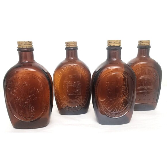 Set of 4 1776 Bicentennial Log Cabin Maple Syrup Amber Glass Bottles Vintage - Picture 2 of 16